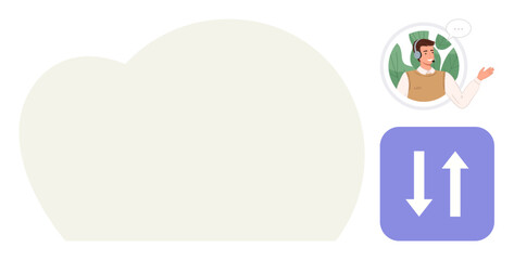Blank cloud shape, person explaining with hand gesture, and arrows for data transfer. Ideal for cloud services, data sharing, education, storage systems, communication, IT solutions simple flat