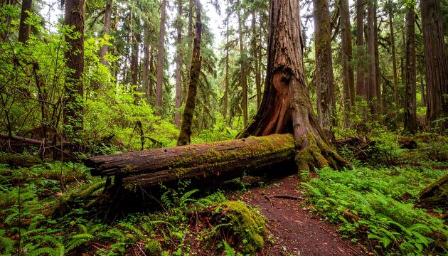 Fallen log resting amongst lush greenery in a temperate forest.