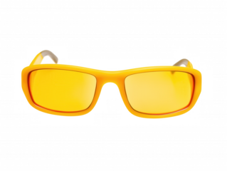 Pair of modern sunglasses with yellow frame and gradient yellow-orange lenses on transparent background