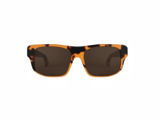 Sleek tortoiseshell sunglasses with rectangular frames and dark brown lenses on transparent background