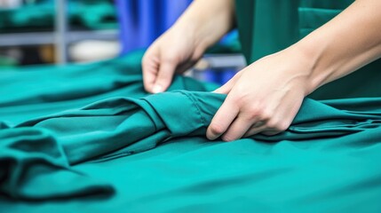 Fototapeta premium Hands carefully arranging green medical scrubs in a healthcare setting prepared for use
