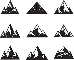 Collection of nine stylized black and white mountain silhouettes on a white background