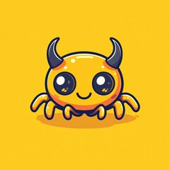 Naklejka premium Adorable smiling baby demon monster with spider legs, a cute and funny cartoon character mascot with shiny eyes and horns