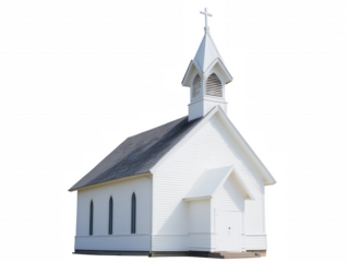 Small white church with dark shingled roof and arched windows on transparent background