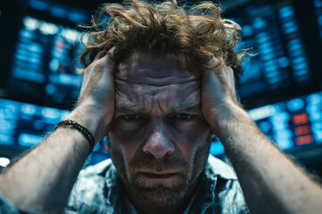 A person seen from holding their head in despair in front of a wall of screens showing financial data and stock market graphs, symbolizing stress, risk, and the volatility of high-stakes finance.