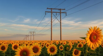 Energetic landscape of sunflowers under power lines, a blend of nature