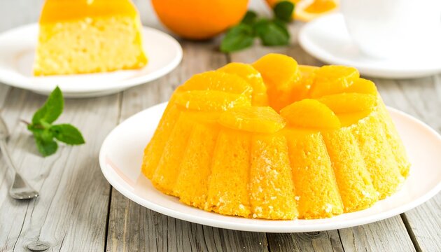 Orange cake dessert with candied orange slices on a plate.