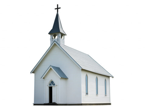 Isometric illustration of a small symmetrical church with white exterior and dark gray roof on transparent background