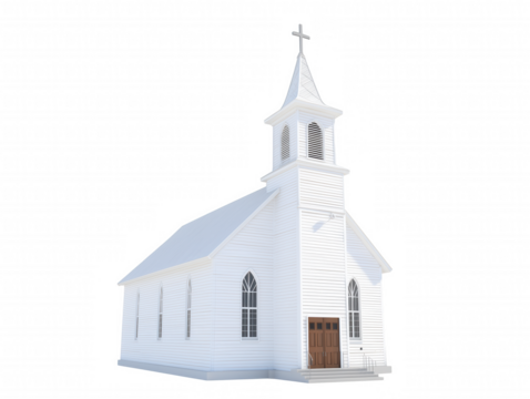 Traditional white wooden church with light blue roof and steeple on transparent background