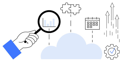 Hand with magnifying glass analyzing cloud data, puzzle pieces, calendar, arrows, and gear icon. Ideal for data analysis, cloud solutions, project management, goal setting productivity innovation