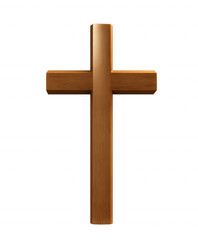Polished wooden cross with smooth beveled finish on transparent background