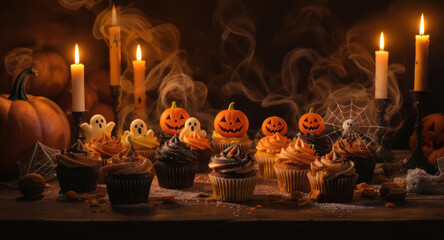 Halloween Cupcakes with Ghost and Pumpkin Decorations