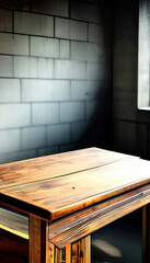 Fototapeta premium Sunlit Rustic Wooden Table in Industrial Setting