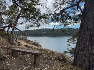 An empty bench awaits hikers in the Gulf Islands of Canada at Montague Harbour Marine Provincial Park.