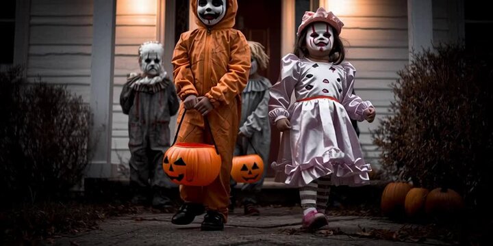 Young kids dressed for Halloween to go trick or treating together in their costumes