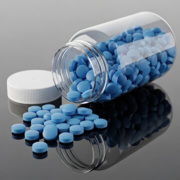 Close-Up of Scattered Blue Pills with Container Reflecting on Surface