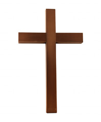 Polished wooden cross with natural brown finish on transparent background