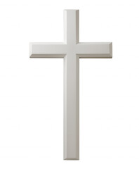 Three-dimensional light gray metallic cross with beveled edges on transparent background