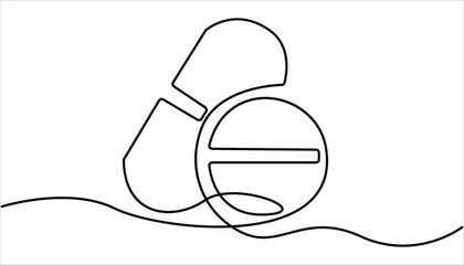 single continuous line capsule tablets line art vector illustration. Capsule Continuous Line Icon. One continuous line drawing of pills medicine.  Capsule drawing with editable black stroke.