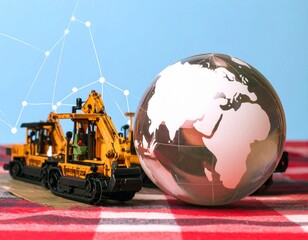 Worldwide industrial growth and technological integration depicted by heavy machinery models and a global sphere, symbolizing international infrastructure and digital progress.