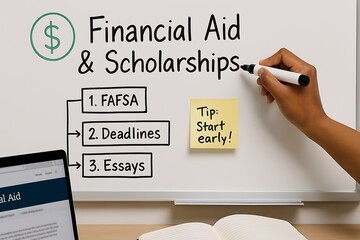 Hand writing about financial aid and scholarships tips on a whiteboard in a office.