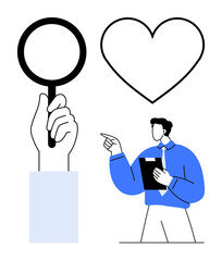 Person holding clipboard pointing at hand with magnifying glass and heart symbol conveying focus, values. Ideal for research, inspiration, ethics, love, analysis, teamwork education. Flat simple