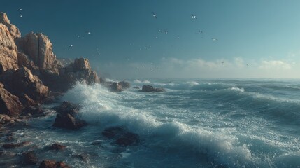 Ocean Waves Crashing Against Rugged Coastline Under a Clear Sky