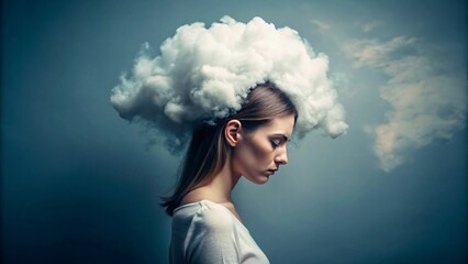 young woman with her head in cloud depression
