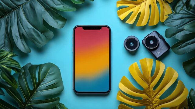 Smartphone and camera with tropical leaves on blue background create a vibrant wallpaper design