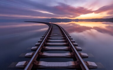 Obraz premium Tranquil Sunrise Over Railway Tracks by a Serene Lake