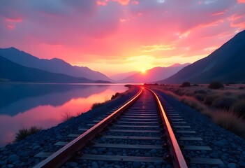 Fototapeta premium Tranquil Sunrise Over Railway Tracks by a Serene Lake
