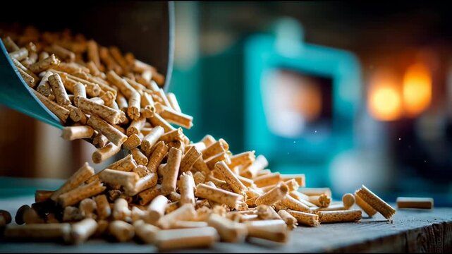 Detailed macro view of cylindrical wood pellets cascading from a metal chute inside a biomass production facility. Highlights texture, renewable fuel manufacturing process, and eco friendly energy sou