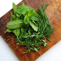 fresh herbs on wooden background