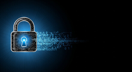 A digital padlock with a glowing keyhole transforms into binary code against a dark background, symbolizing cybersecurity.