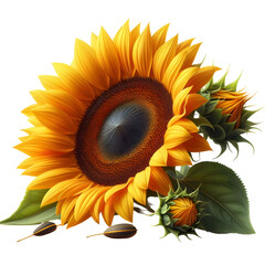 Ripe sunflower with yellow petals and dark middle, isolated on white background
