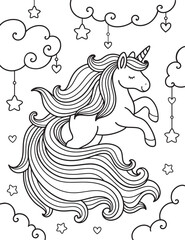 Vector Cute unicorn coloring book, Simple elements, heart. coloring pages, star, clouds. Magical animal. Coloring book pages for adults and kids
