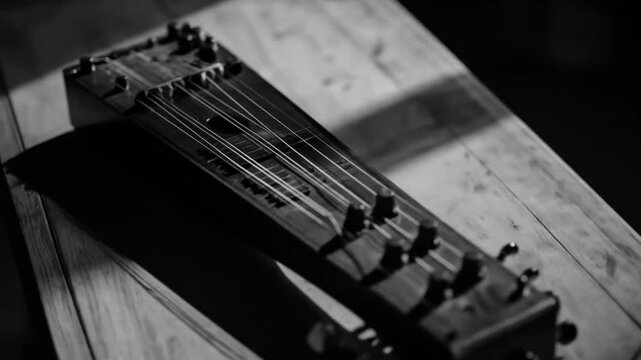 Monochrome Zither with Multiple Strings and Tuning Pegs Resting on a Weathered Wooden Table Top Under Shadow