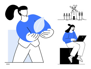 Woman holding a leaf symbolizing sustainability, second person using a laptop, windmills, and nature elements. Ideal for ecology, technology, renewable resources, environment protection, green