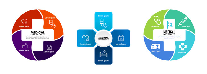 Vector plus infographic set, medical diagram, healthcare graph, hospital presentation, emergency chart. Medicine doctor logo. Concept with 4 options, parts, steps, processes. editable vector	
