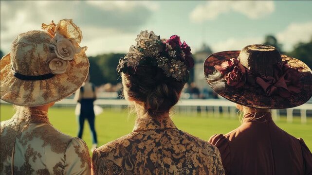 Three ladies dressed in vintage fashion, wearing hats, stand on a grassy field at a cricket match. They are turned towards the camera, and their outfits suggest they are enjoying a social event.