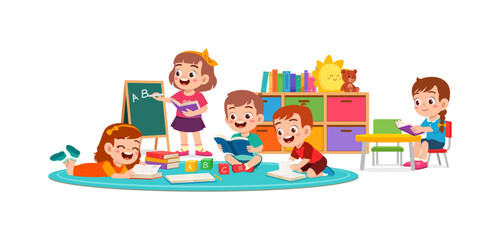 Fototapeta na wymiar Enthusiastic Children Engaged in Reading and Learning Activities in a Colorful Classroom