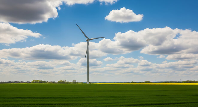 A wind turbine standing tall in a green field under a blue sky with fluffy white clouds on a sunny day