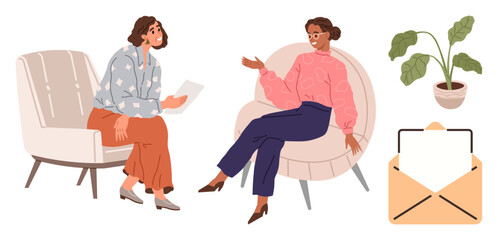 Two women seated on modern chairs, chatting and holding papers, next to potted plant and large envelope. Ideal for communication, teamwork, counseling, networking, human connection, professional