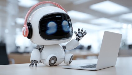 Cute robot with headphones, waving, near laptop