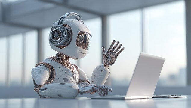 Robotic figure, wearing headphones, using laptop in modern office setting