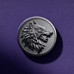 Silver wolf head emblem on a textured purple background; detailed, centered, and isolated