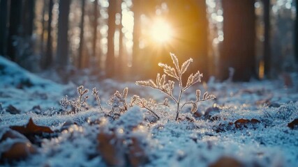 Close-up of frost on plants after sunrise with sunlight piercing through the trees. - Powered by Adobe