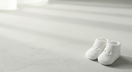 A pair of small, white baby booties are placed on a white surface with soft, diffused light.