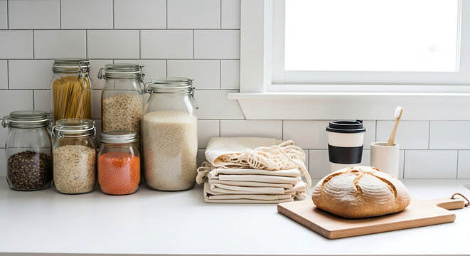 Kitchen counter featuring glass jars filled with food and a loaf of bread on a wooden board near window - Powered by Adobe