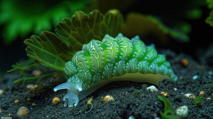 Stunning Green Elysia Chlorotica Sea Slug in its Underwater Habitat